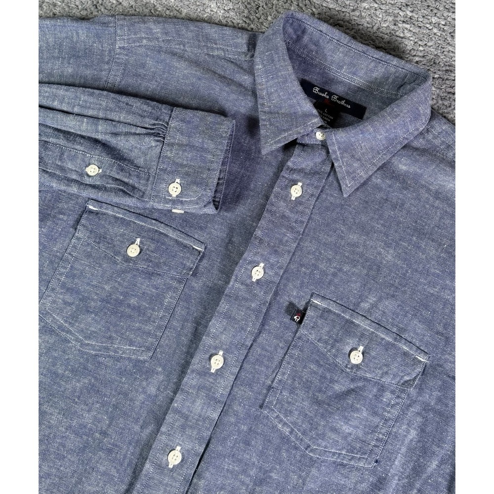 Brooks Brothers Shirt Mens L Blue Linen Cotton Chambray Long Sleeve Red Fleece